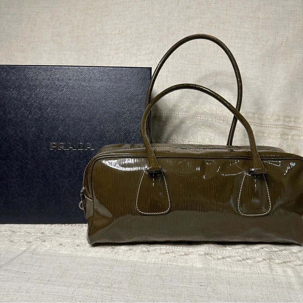 AUTHENTIC Prada olive green patent leather. Vintage good condition.